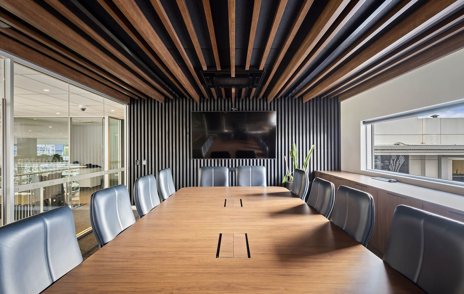 Aspley-Mazda Boardroom with Sculptform timber Clicl-on Batten Wall and Feature Ceiling