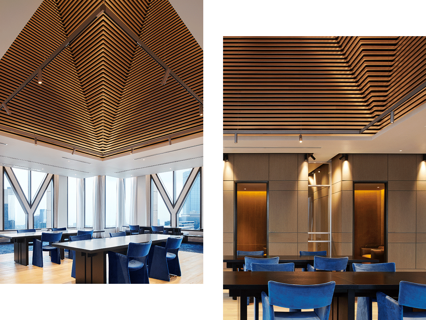 Two Images of MaxCap Group Office Sculptform Vaulted Ceiling and Modern Interior Design 