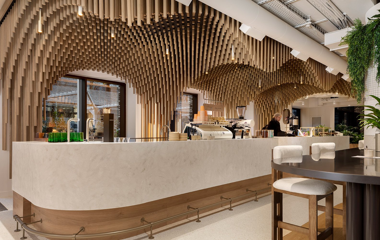 Design to Reality Pixelated Ceiling at Mayvn Cafe on Pentonville Rd London