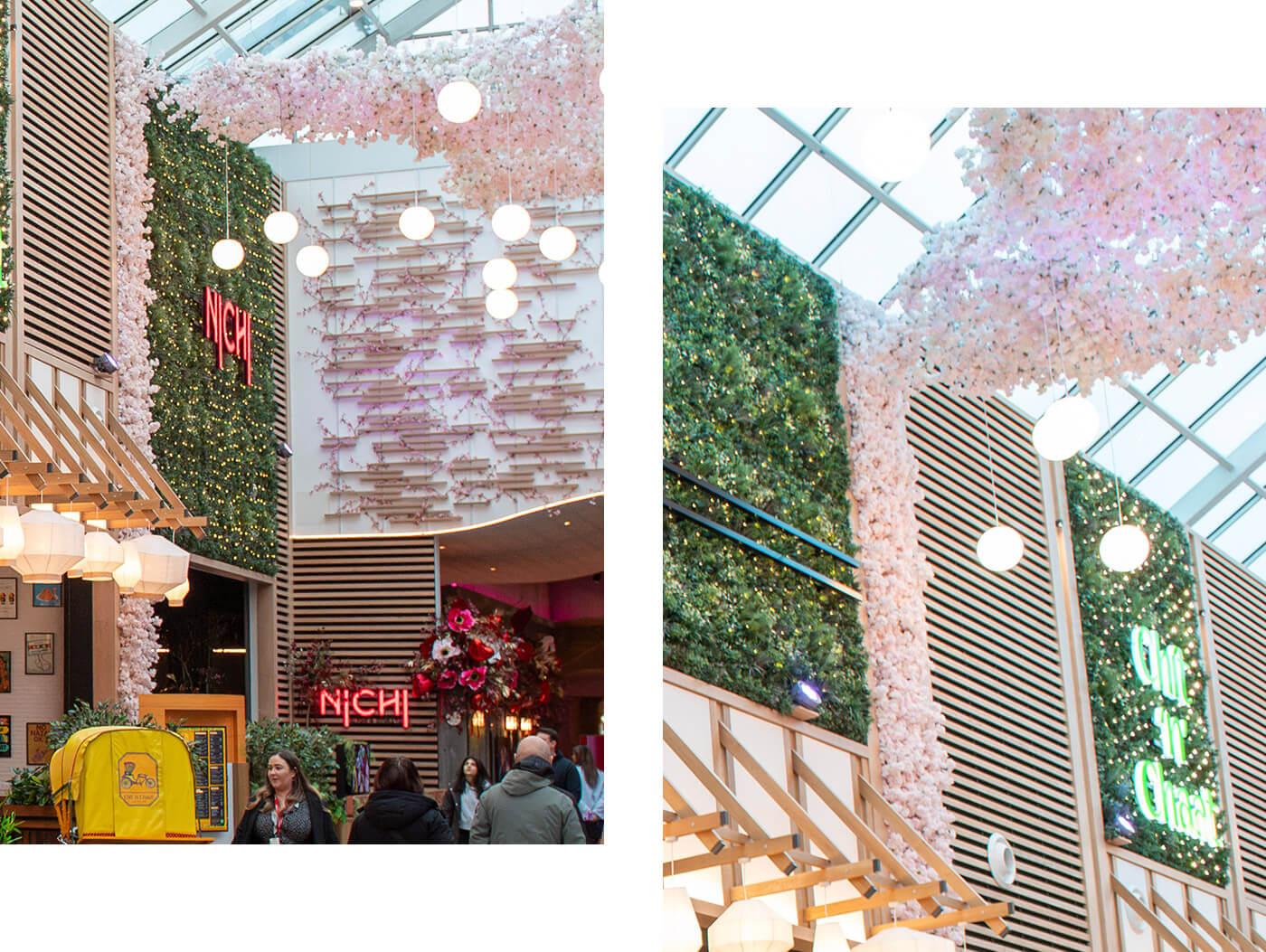 Trafford Centre Eastern Garden - Sculptform Click-on Battens and Acoustic Slat Wall create warmth between Garden Screen Panels and Blossom Features