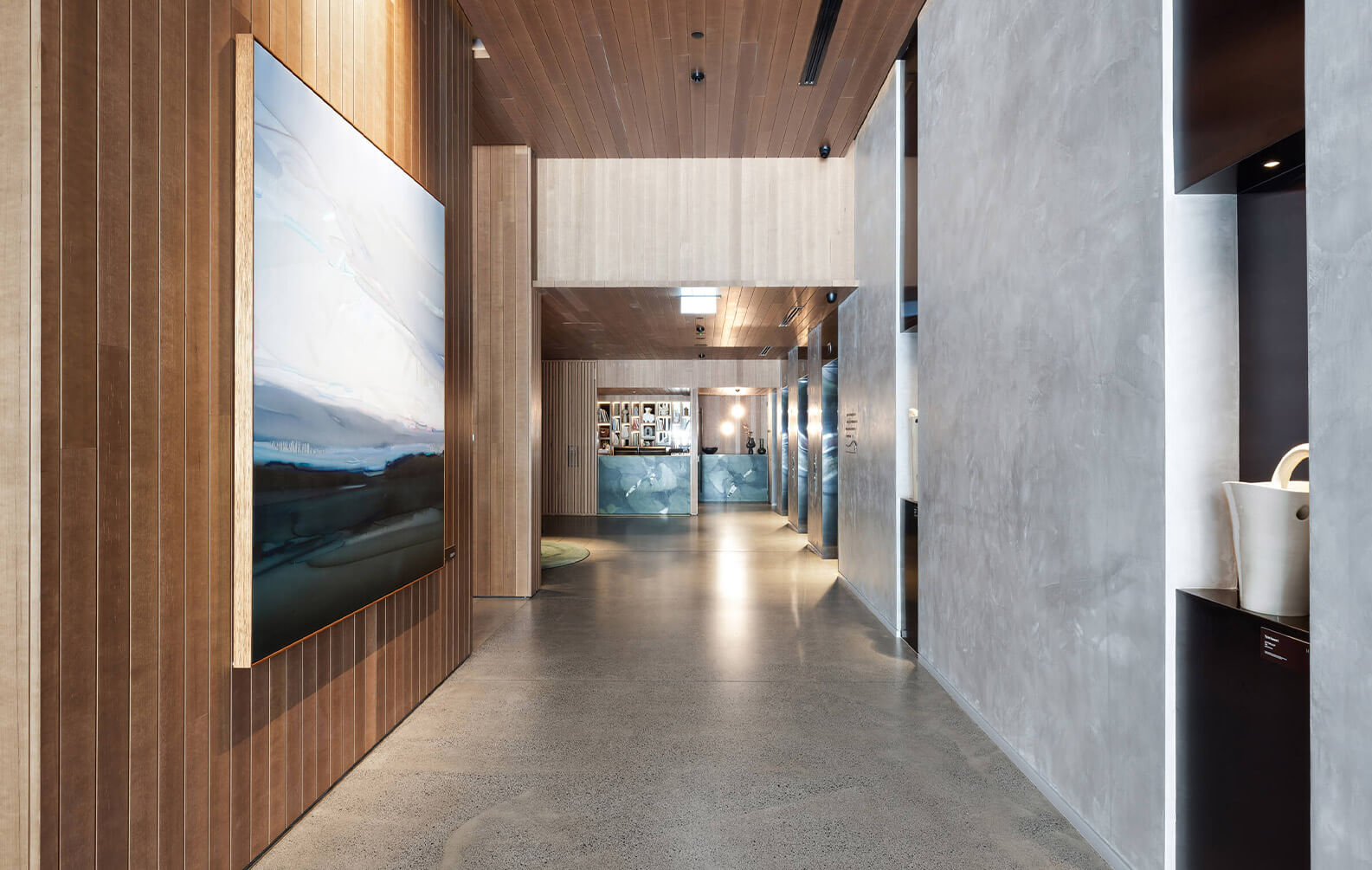 Upper House foyer featuring floor to ceiling Sculptform Timber Tongue and Groove Cladding