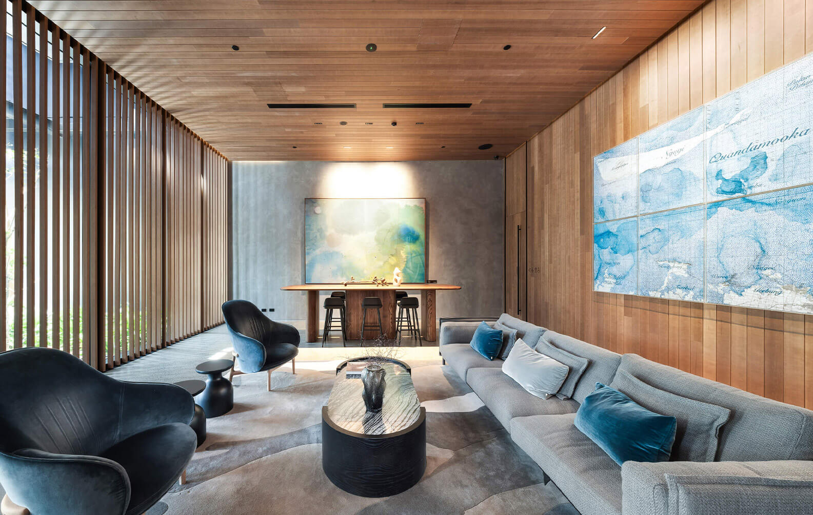 Upper House foyer lounge featuring Sculptform Click-on Battens and Tongue and Groove Cladding