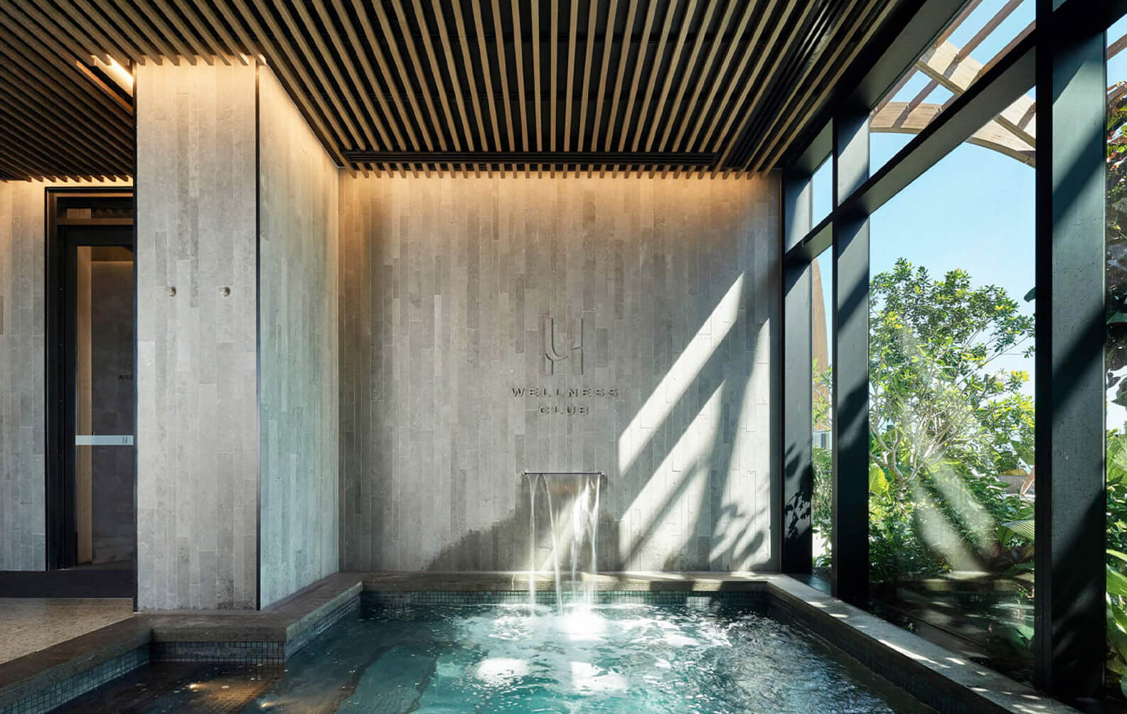 Upper House Wellness Club Pool Area with Sculpform Click-on Batten Feature Ceiling and Integrated Lighting